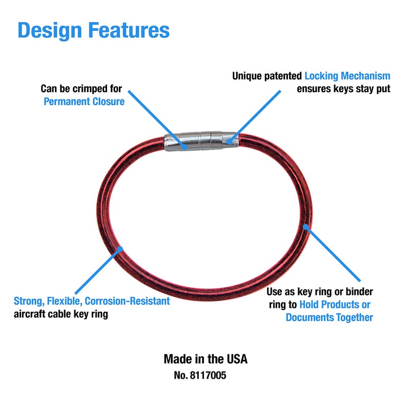 Lucky Line 5â€ Twisty Lock Key Ring, Flexible Nylon Coated Steel Wire Loop, Corrosion-Resistant and Durable, 5 Pack, Red (8117005) - Image 2